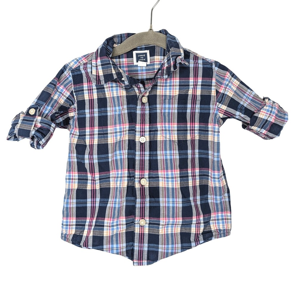 Janie and Jack Boys Plaid Button Down Shirt Navy Pink 12-18 Months